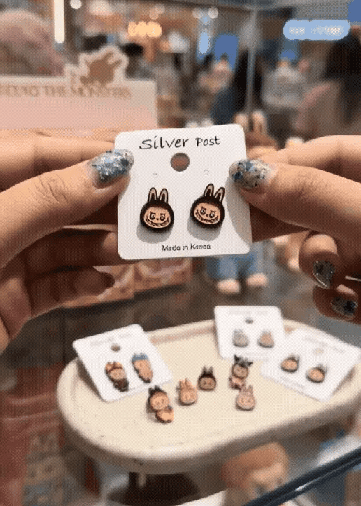 Labubu The Monsters Handmade Brass Enamel Stud Earrings (Silver Post)