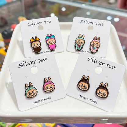 Pop Mart art toy aesthetic Labubu The Monsters handmade brass enamel earrings 4 styles silver post hypoallergenic made in Korea.