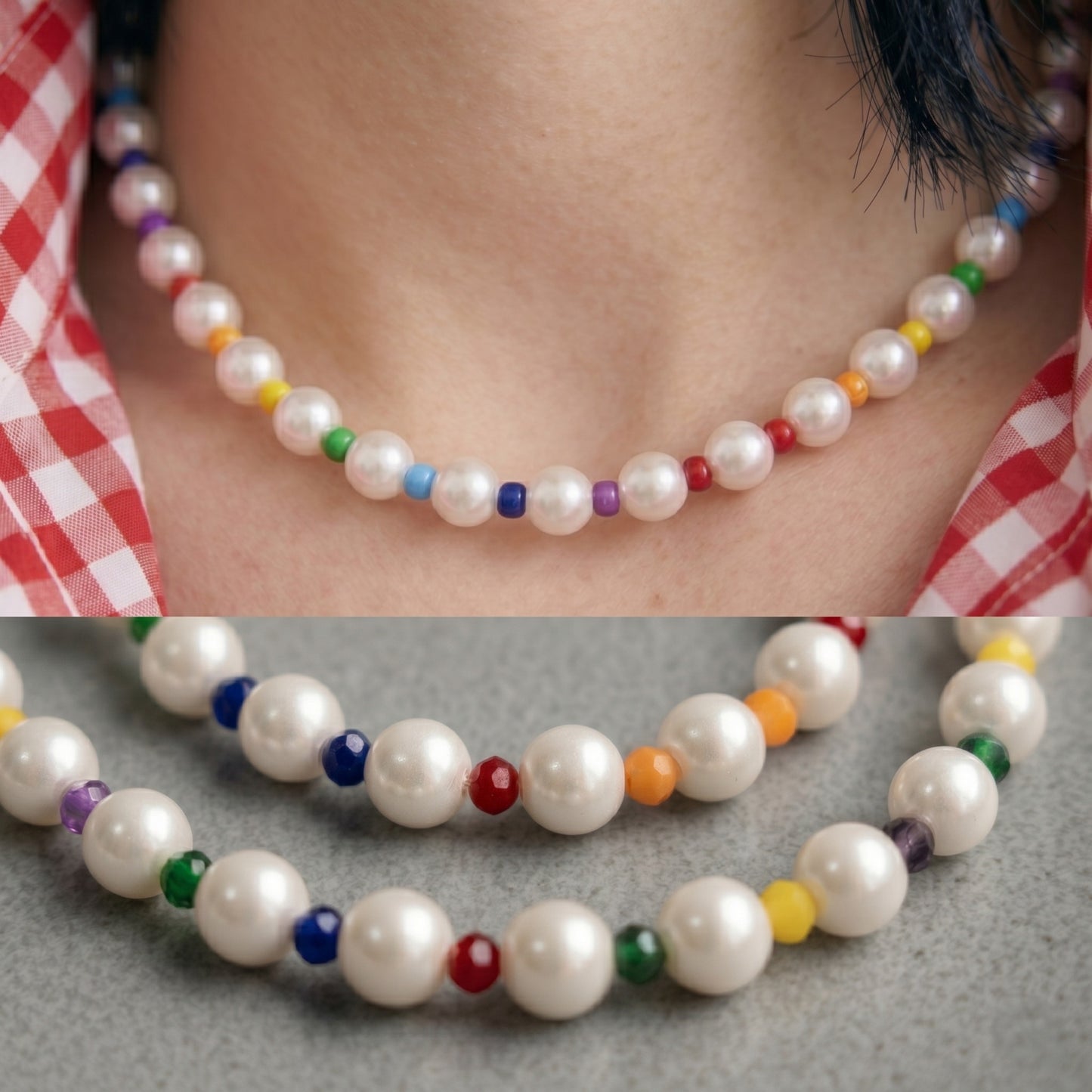 Rainbow Bead Acrylic Pearl Necklace — Y2K Kidcore Layered Choker