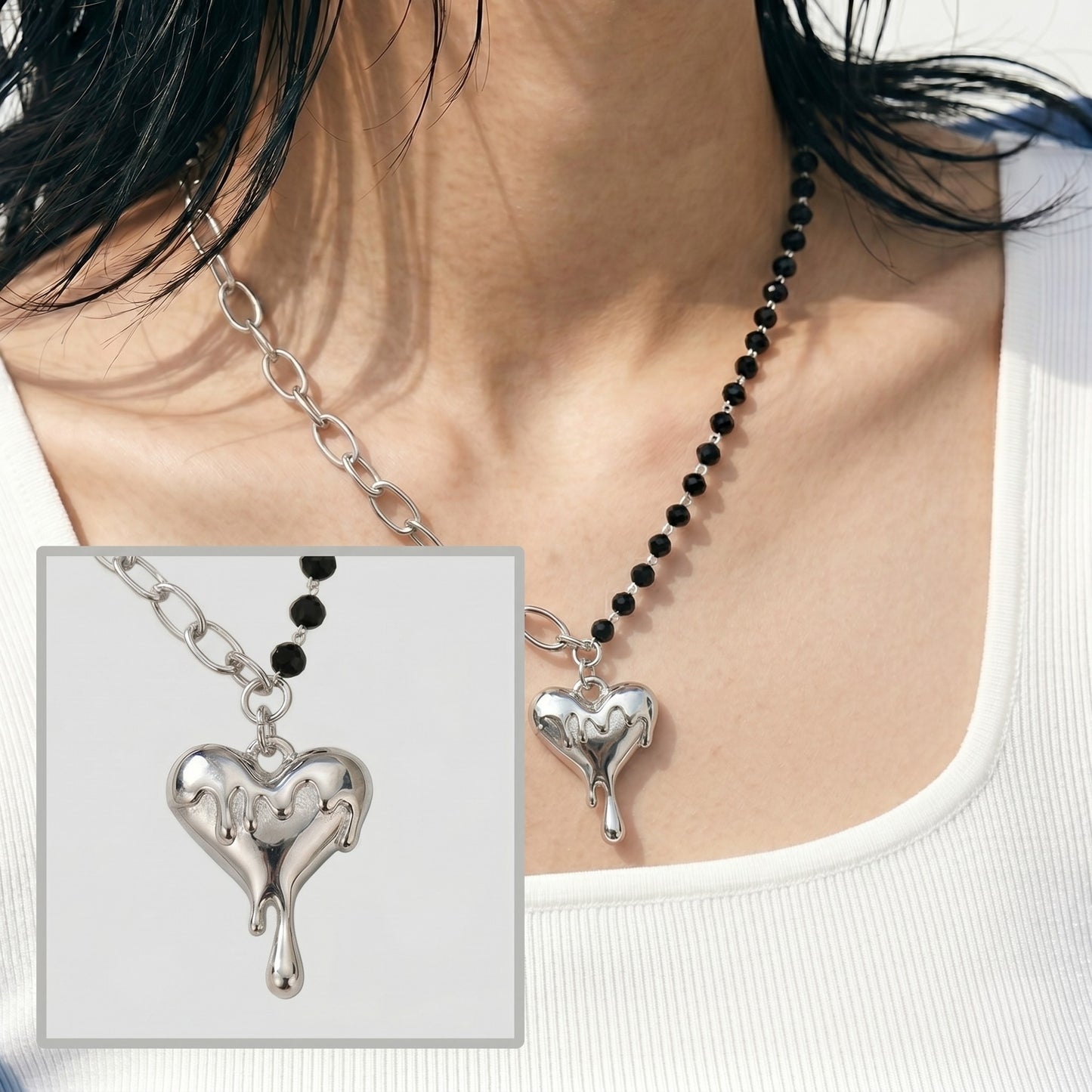 Necklace with heart-shaped pendants worn by a person, with an inset showing a close-up of the pendants.