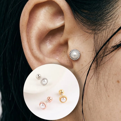 Vintage Rope Frame Pearl Stud Piercing – Helix Conch Lobe Ear Curation (Single)