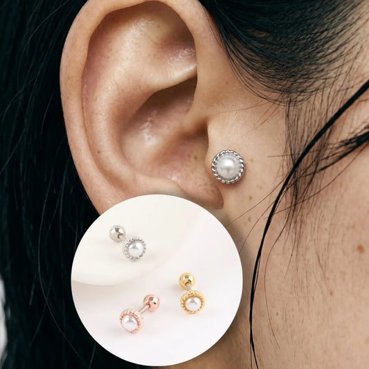 Vintage Rope Frame Pearl Stud Piercing – Helix Conch Lobe Ear Curation (Single)