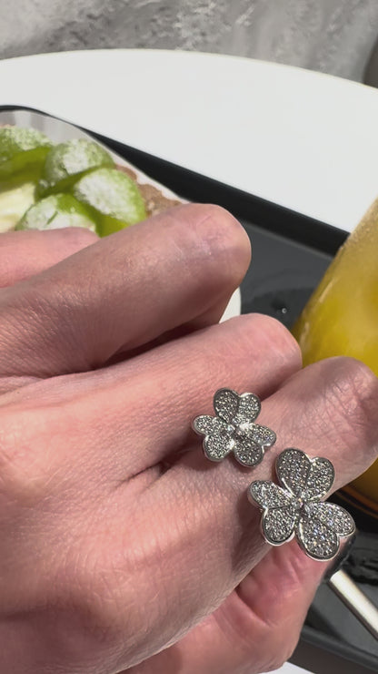 Lucky Clover Pavé Adjustable Ring — Sparkling Statement Cocktail Ring for Women, Gold Silver Rose Gold, Luxury Four-Leaf Clover Jewelry Gift