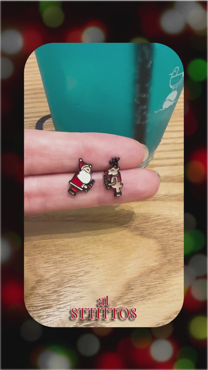 Santa & Rudolph Silver Post Earrings – Handmade in Korea