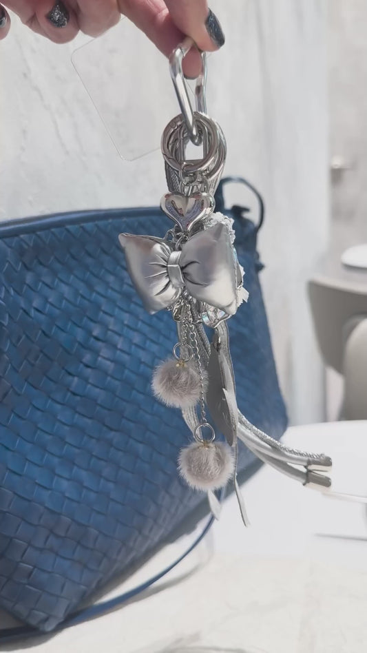 Silver Ribbon Heart Tassel Keyring - Floral Beads Bag Charm
