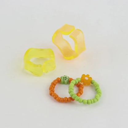 Y2K Chunky Resin Wave Ring & Flower Bead Ring Set