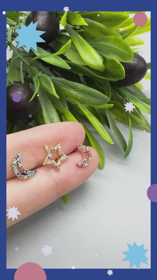 Rainbow CZ Star & Moon Piercing — Cartilage Helix Stud | Gold Silver Rose Gold