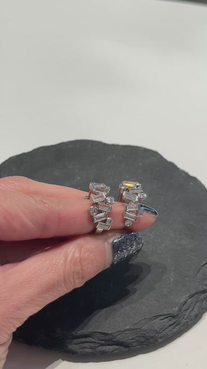 Geometric Bezel Setting Huggie Hoop Earrings - Brass Silver Post