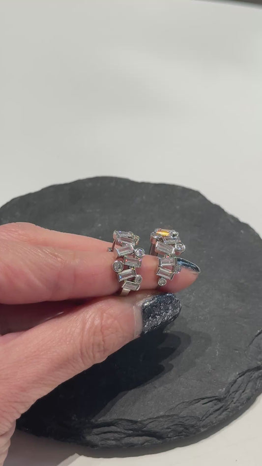 Geometric Bezel Setting Huggie Hoop Earrings - Brass Silver Post