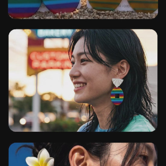 Hawaii bikini OOTD rainbow stripe acrylic drop earrings, hypoallergenic titanium post K-style look