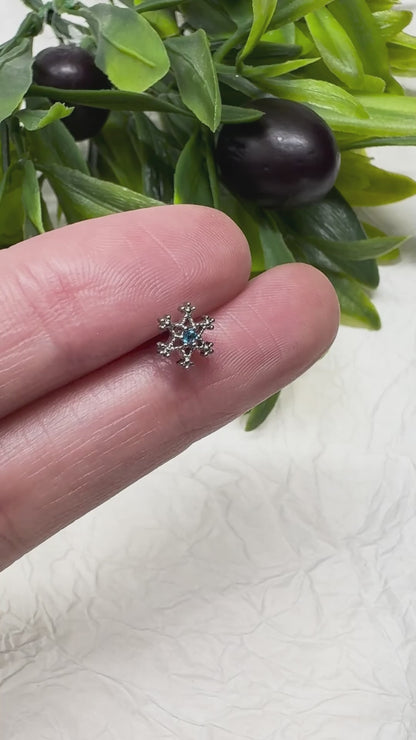 Blue Cubic Point Snowflake Barbell Ball Earring Silver Surgical Steel