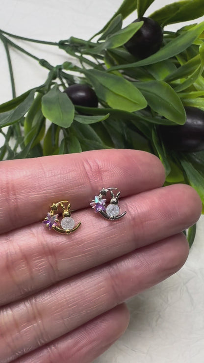 Crescent Moon Bunny Cartilage Piercing - Opal Crystal & Aurora Stars