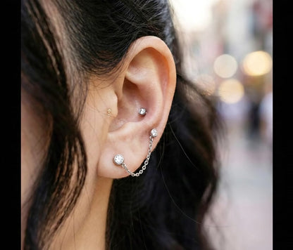 CZ Bezel Chain Barbell Piercing - Double Stud Connector Earring in Gold, Silver & Rose Gold
