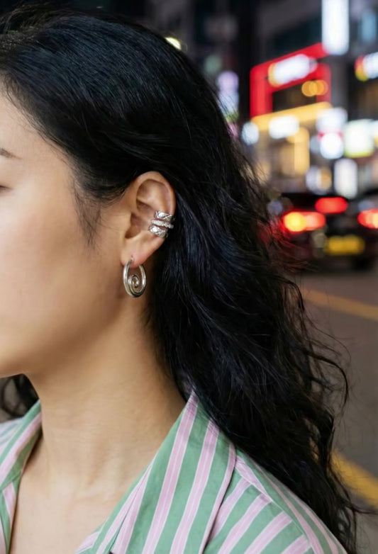 Modern Sculptural Spiral Hoop Earrings - Gold & Silver (Titanium Post, Clicker Style)