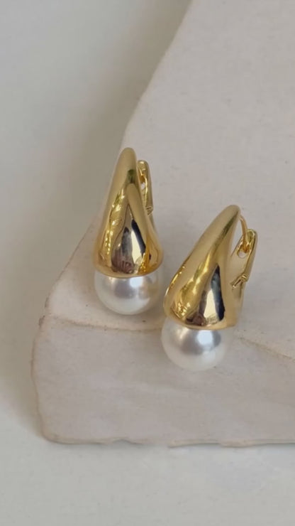 Gold Silver Teardrop Pearl Huggie Earrings - Titanium Post & Lightweight