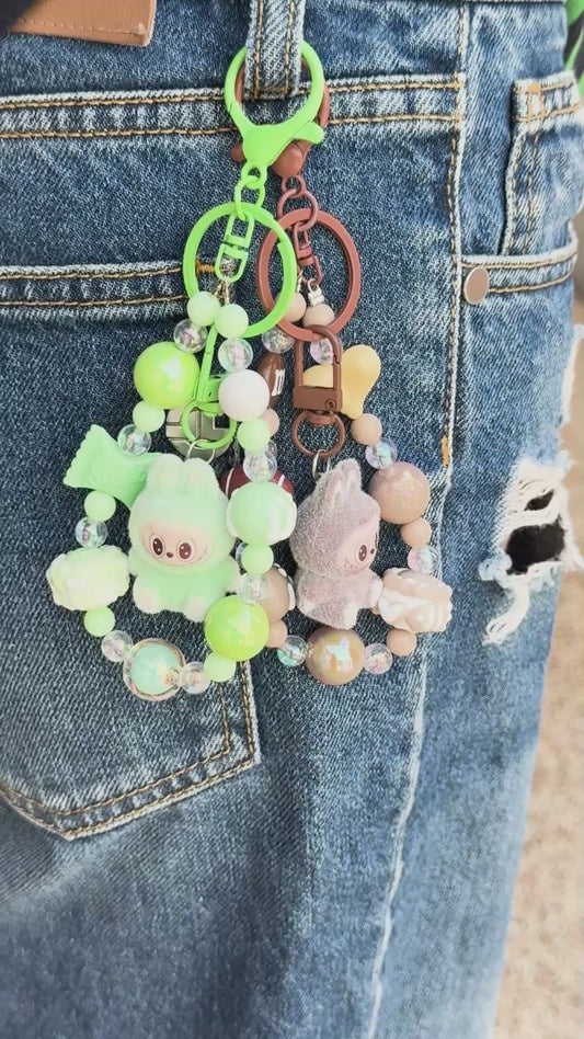 Labubu Inspired K-Kawaii Plush Keyring | Handmade Pastel Beaded Bag & Phone Charm