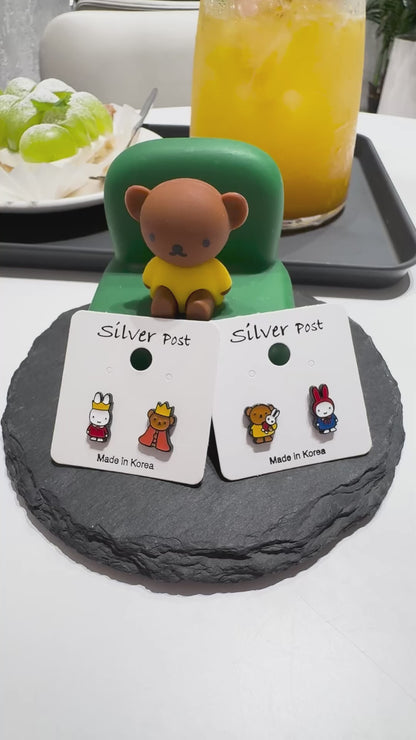 Miffy Inspired Bunny & Bear Earrings — Handmade Mismatched Silver Post Studs