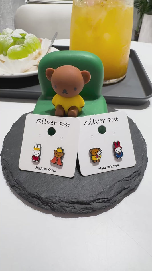 Miffy Inspired Bunny & Bear Earrings — Handmade Mismatched Silver Post Studs