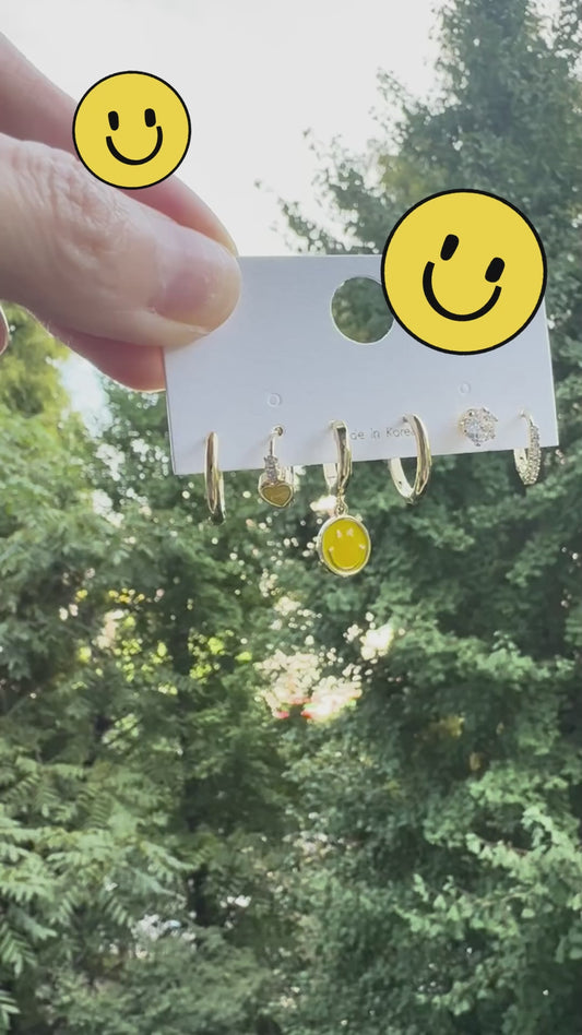 Smiley Face Hoop Earring Set – Asymmetric Drop Hoops with Cubic, Heart & Smiley Charms