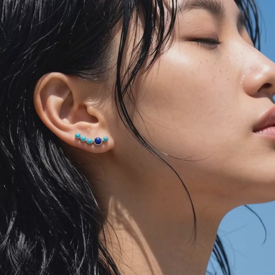 K-style aesthetic ear climber inspo, turquoise lapis bezel earrings, hypoallergenic 925 silver for summer coastal look