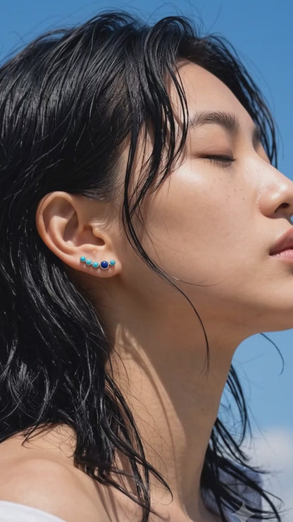 K-style aesthetic ear climber inspo, turquoise lapis bezel earrings, hypoallergenic 925 silver for summer coastal look