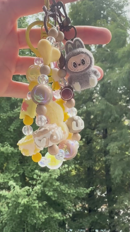 Labubu Inspired K-Kawaii Plush Keyring | Handmade Pastel Beaded Bag & Phone Charm