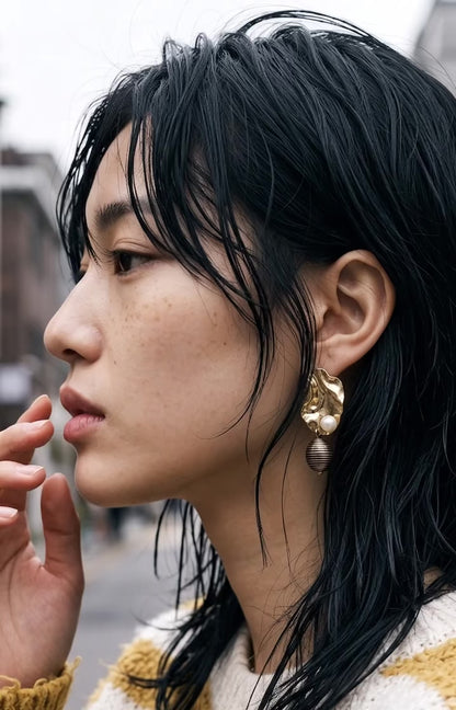 Gold Hammered Pearl Drop Earrings | K-Style Statement | Titanium Post