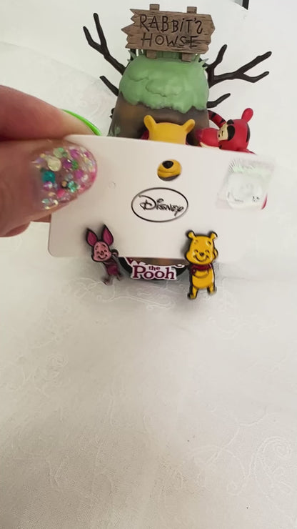 Pooh & Piglet Inspired 2-Way Drop Stud Earrings Handmade in Korea, 925 Silver Post