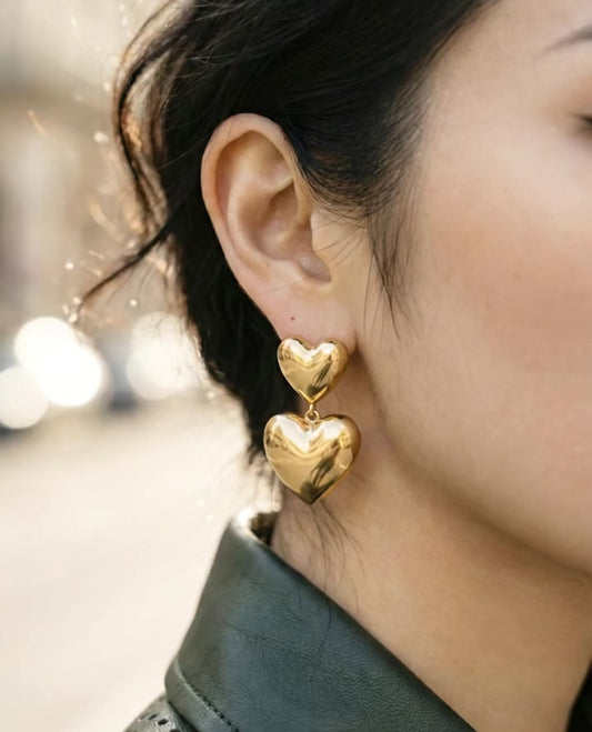 Chunky Puffed Double Heart Drop Earrings - Gold & Silver