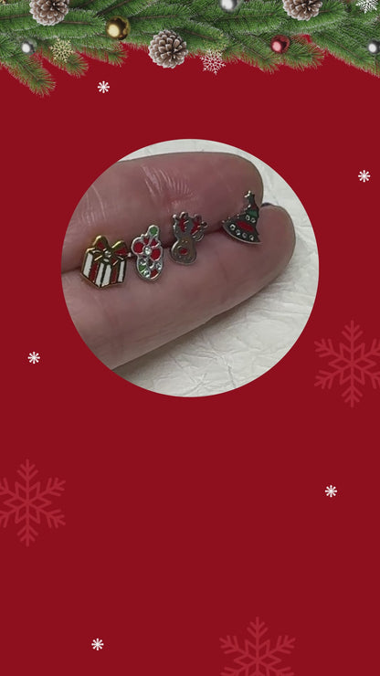 Christmas Mini Barbell Stud Earrings – Tree, Candy Cane, Gift, Rudolph – Handmade in Korea