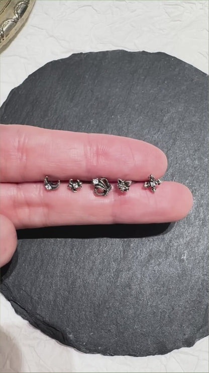 Gothic Stud Earrings,Star, Moon, Cross, Fleur de Lis, Crown Surgical Steel barbell stud