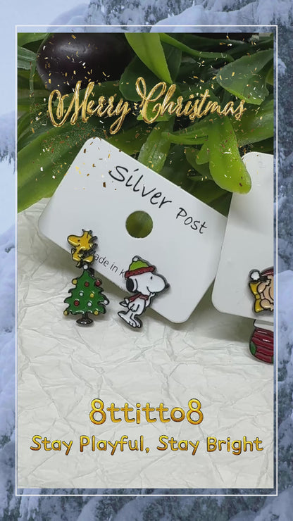 Christmas Snoopy & Woodstock 2-Way Drop Earrings – Handmade in Korea, Sterling Silver