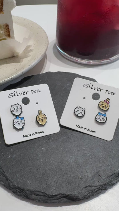 Chiikawa-Inspired Silver Stud Earrings Set, 2 Type Bunny, Cat, Hamster