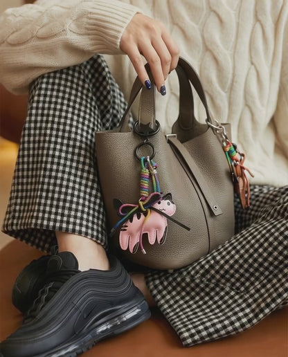 Handmade Leather Cat Keychain with Sparkle Ribbon & Star