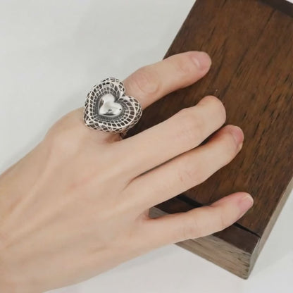 Vintage 925 Sterling Silver Filigree Puffy Heart Ring - Handmade