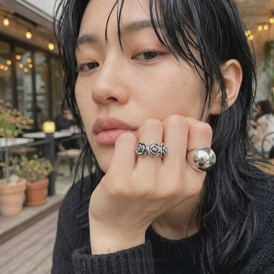 Clean girl aesthetic bold dome ring 8ttitto8 925 sterling silver worn on finger, minimal nail OOTD downtown girl vibe.