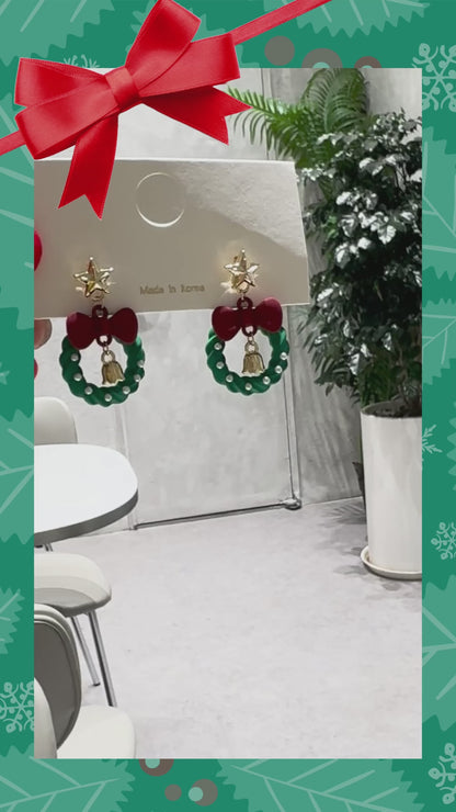 Christmas Wreath Earrings - Holiday Bell Drop Earrings with Bow
