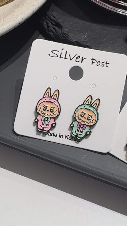 Cute Labubu Bunny Stud Earrings - Silver Post Kawaii