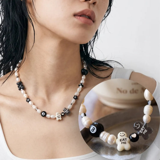 Kitsch Freshwater Pearl Charm Necklace — 8-Ball & Gingerbread Beads