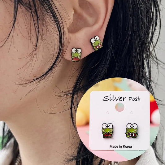 Sanrio Keroppi enamel stud earrings hypoallergenic titanium post brass, Made in Korea kitsch jewelry